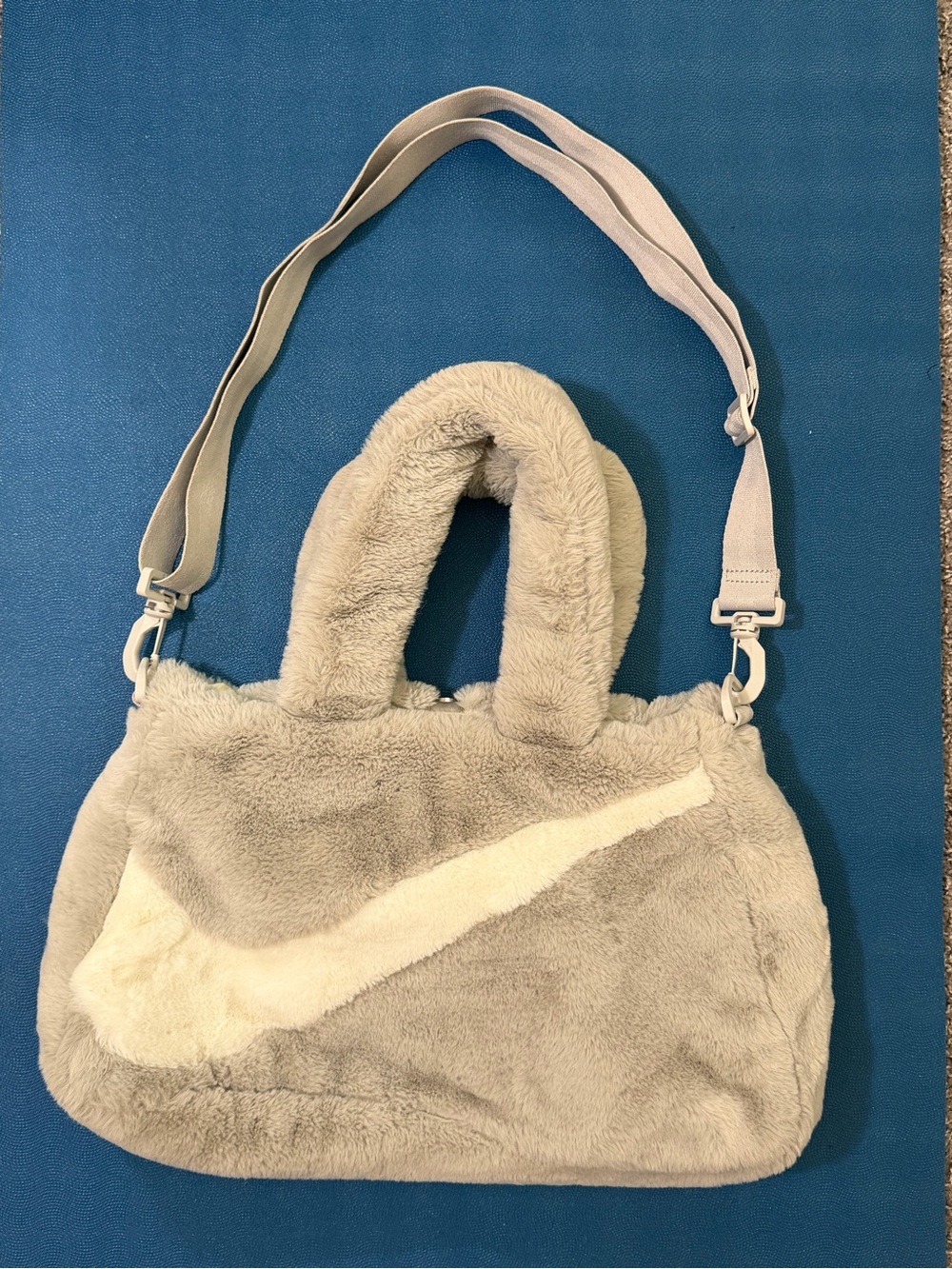 Nike Plush Faux-Fur Shoulder Bag in Light Gray with White Swoosh